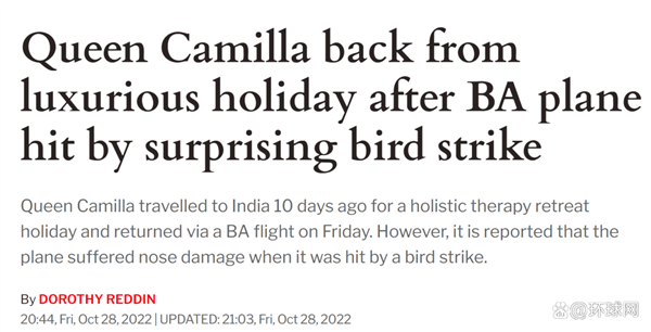 英国王后所乘飞机遭意外撞击：从印度返回 着陆时遭鸟撞机头受损
