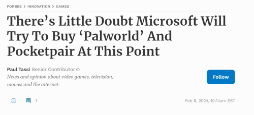 福布斯发文：微软试图收购《幻兽帕鲁》的开发商