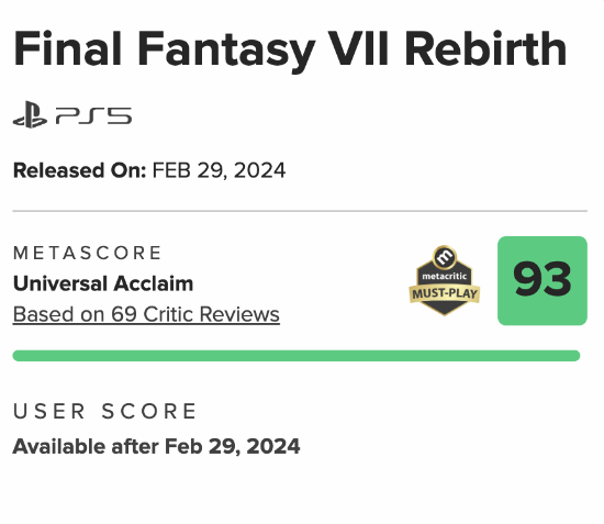 《最终幻想7：重生》M站评分解禁：均分93分！